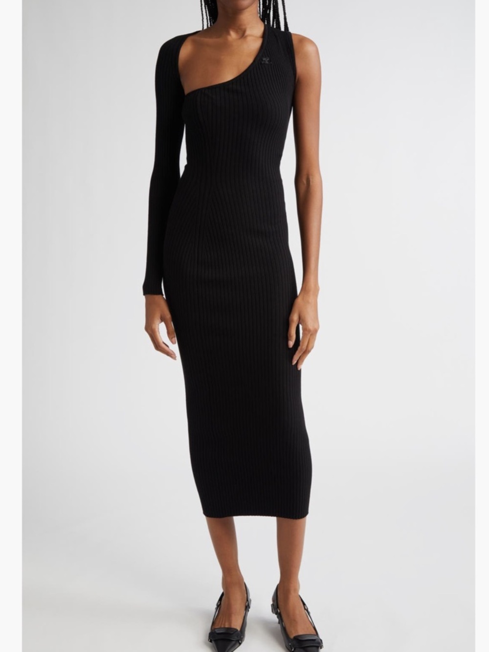 COURRÈGES Slash One-Shoulder Rib Sweater Dress Black Size M
